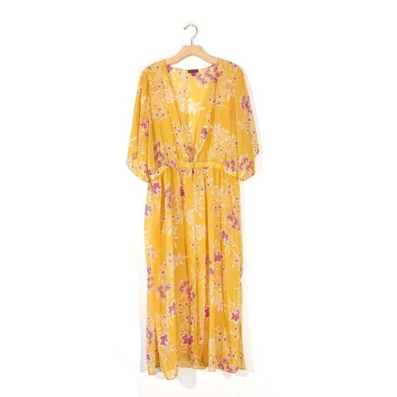 NEW Vince Camuto Floral Getaway Chiffon Duster Kimono Boho Yellow Plus Size 1X - Picture 1 of 14